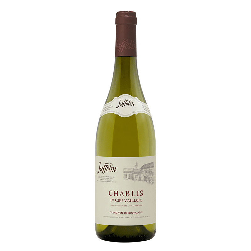 Green glass bottle of Maison Jaffelin Chablis 1er Cru Vaillons white wine with a cream label featuring vineyard estate artwork and burgundy capsule.